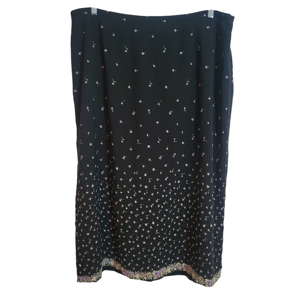CJ Banks Floral Midi Skirt Black Purple Ditsy Border Print Size 24W Feminine